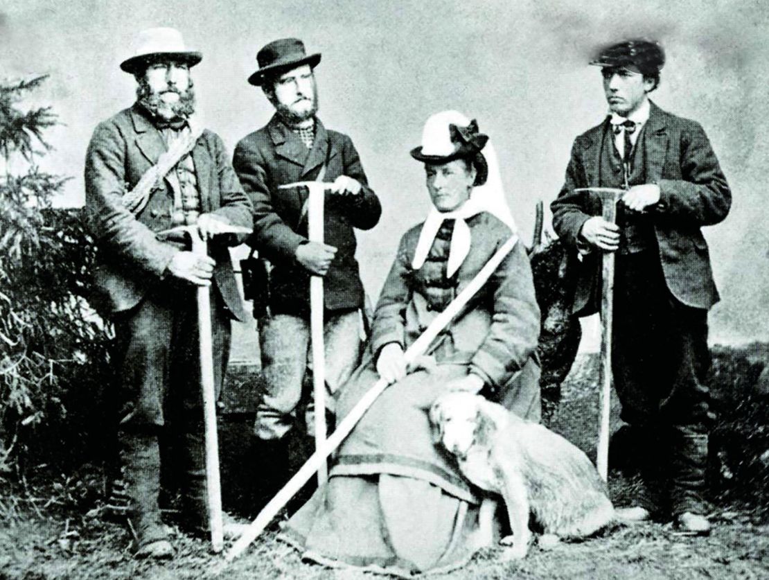Meta Brevoort, pictured circa 1874, with (from left) her guides Christian Almer, his son Ulrich and her nephew William Coolidge.
