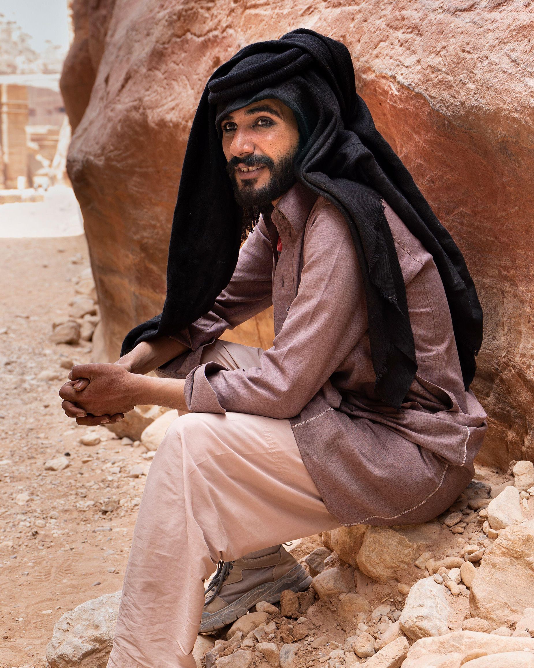 A Bedouin man wearing traditional kohl, photographed in the ancient Jordanian city of Petra.