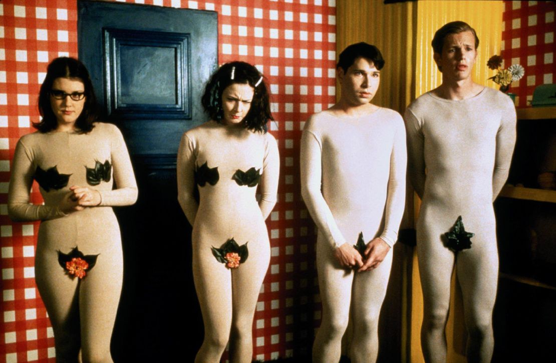 Friedberg offered up these beige Garden of Eden bodysuits for a scene where those enrolled at True Directions must pass a final test of feigned heterosexual intimacy in order to graduate. The never-nude costumes were part of a scene of absurd visual clashes, showing the discordance of imagined domestic life at the conversion camp.