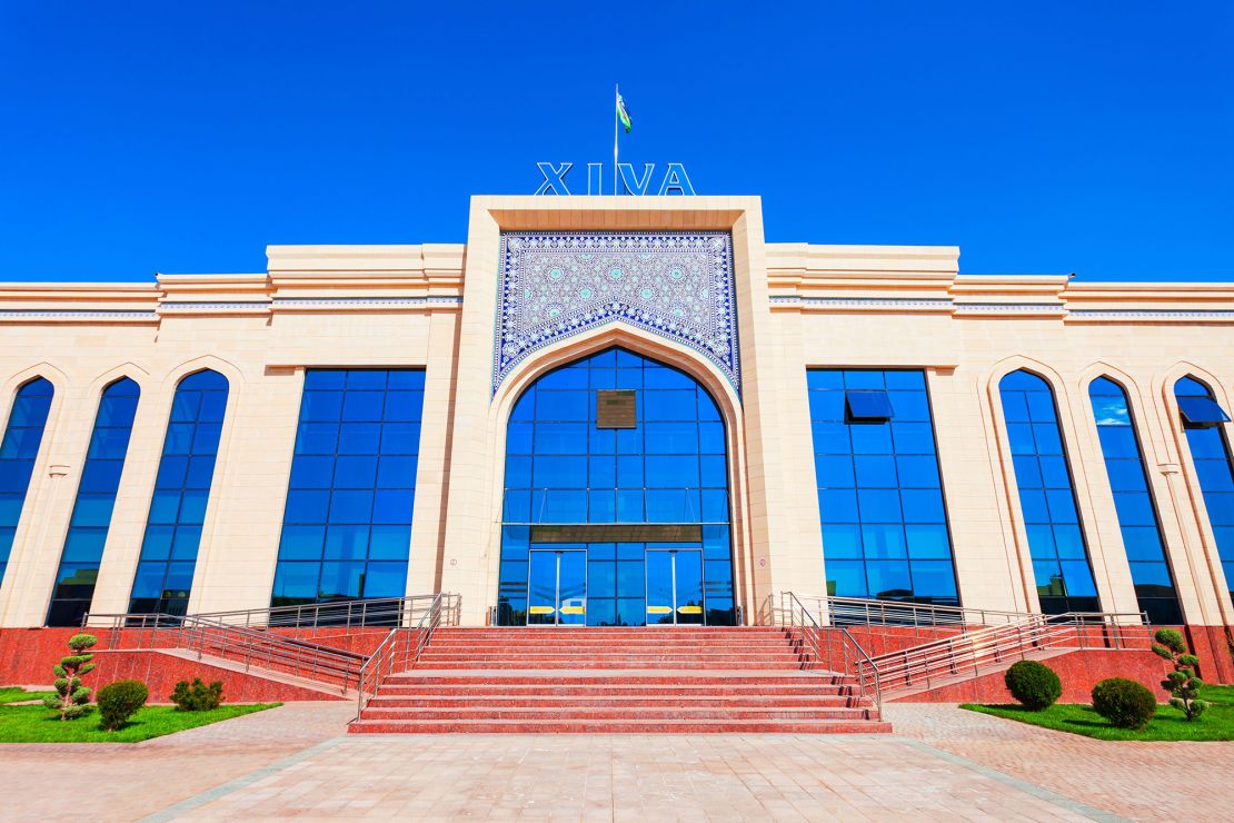 The striking facade of Khiva Railway Station in Uzbekistan's Xorazm region.