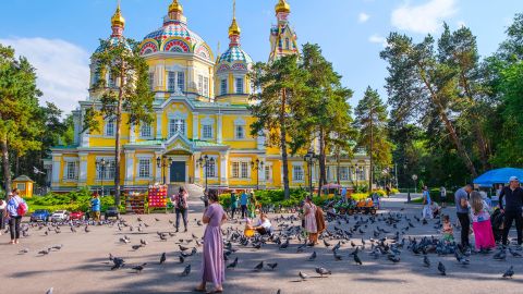 2RE2GMJ Kazakhstan, Almaty. Afternoon Activity in front of the Ascension Cathedral, Russian Orthodox.