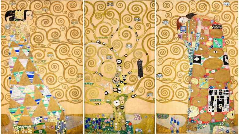 2RFRBD1 Gustav Klimt, Tree of Life (Stoclet House Frieze),Triptych, abstract painting in mixed media, 1910-1911