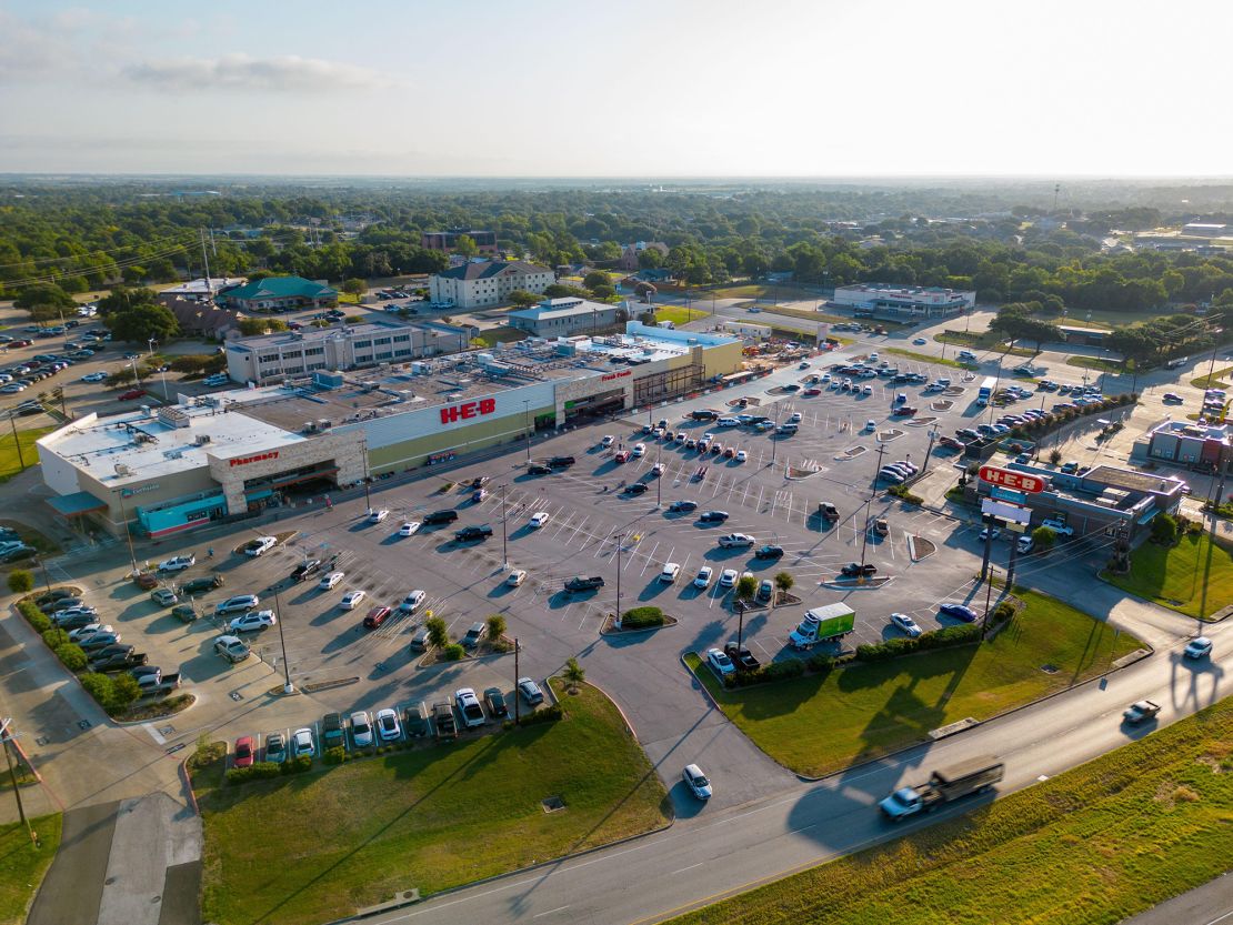 Brenham, TX, USA - July 24, 2023: Aerial drone photo Brenham Texas HEB Supermarket
