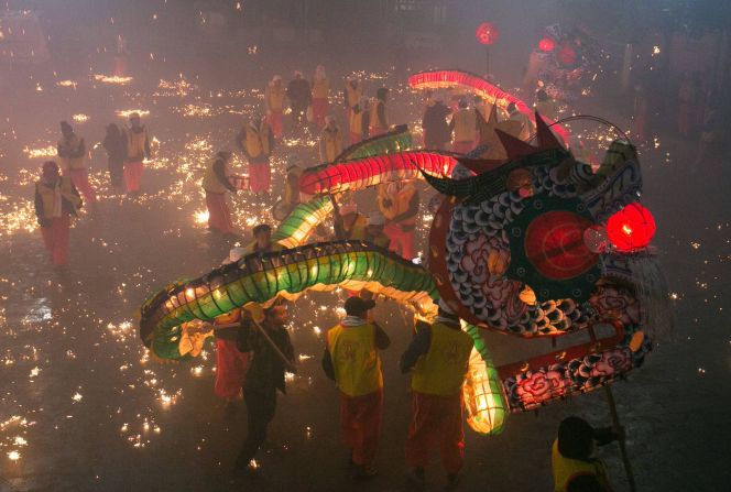 The Ancient Town of Liu Long, in Dafang County in Guizhou province, kicks off its annual Dragon Lantern Festival on the ninth day of the lunar month (Feb 18, 2024). But the exterior of the dragon isn't lit on fire. This elaborate and colorful giant lantern is lit from within.