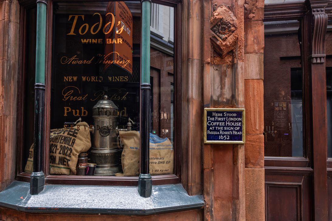 In 1652, the first coffee shop opened in London. The site, located in St. Michael's Alley, is still marked with plaque.