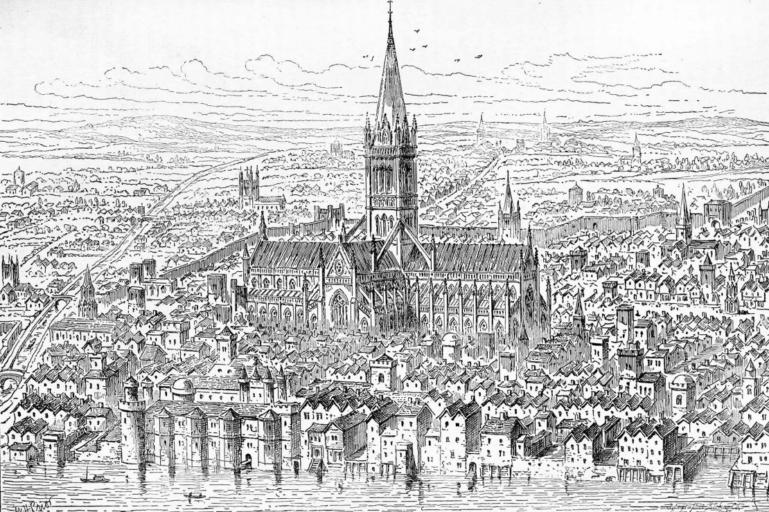 The illustration shows the neighborhood of Old St. Paul's Cathedral in 1540. This is the area where Forde was killed two centuries ago.