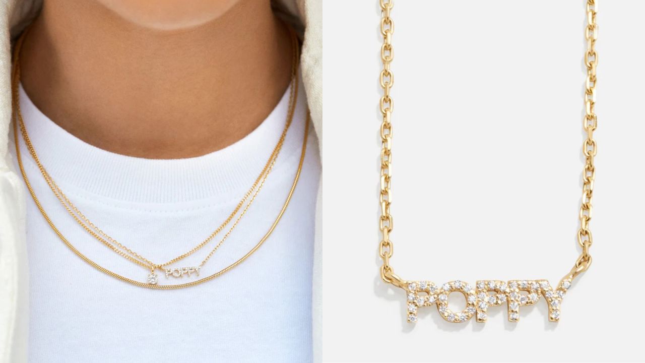 (3) 18K Gold Mini Pavé Nameplate Necklace