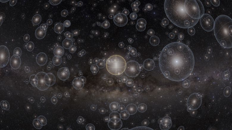 Our Oort cloud (center), a shell of icy bodies that surrounds the solar system and extends one-and-a-half light years in every direction, is shown in this scene from Encounters in the Milky Way along with the Oort clouds of neighboring stars. The more massive the star, the larger its Oort cloud.