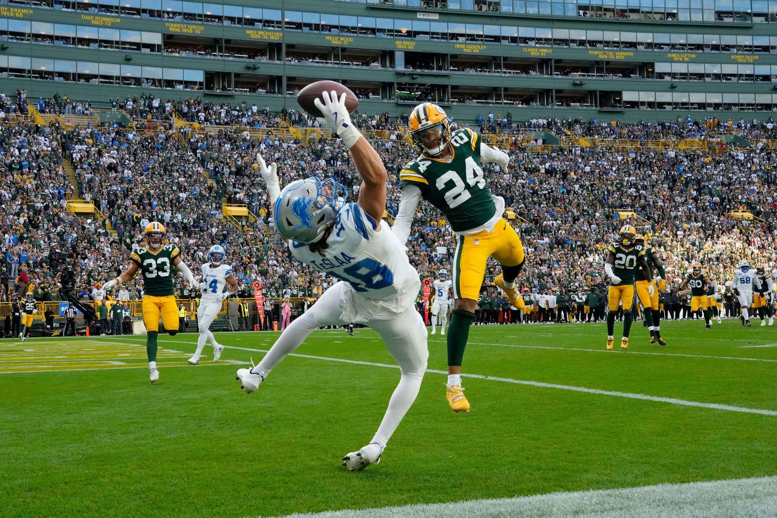 Detroit Lions wide receiver Isaac TeSlaa makes a one-handed touchdown grab during an NFL game in Green Bay, Wisconsin, on Sunday, September 7. Green Bay won 27-13.