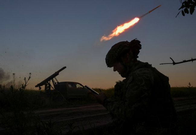 Ukrainians fire a rocket launcher at Russian troops in Ukraine’s Zaporizhzhia region on Friday, May 23.