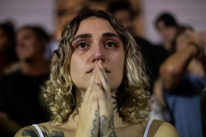 Kimberly Nobille cries in Rio de Janeiro while attending a protest against an anti-abortion bill in Brazil’s Congress on Thursday, June 13.