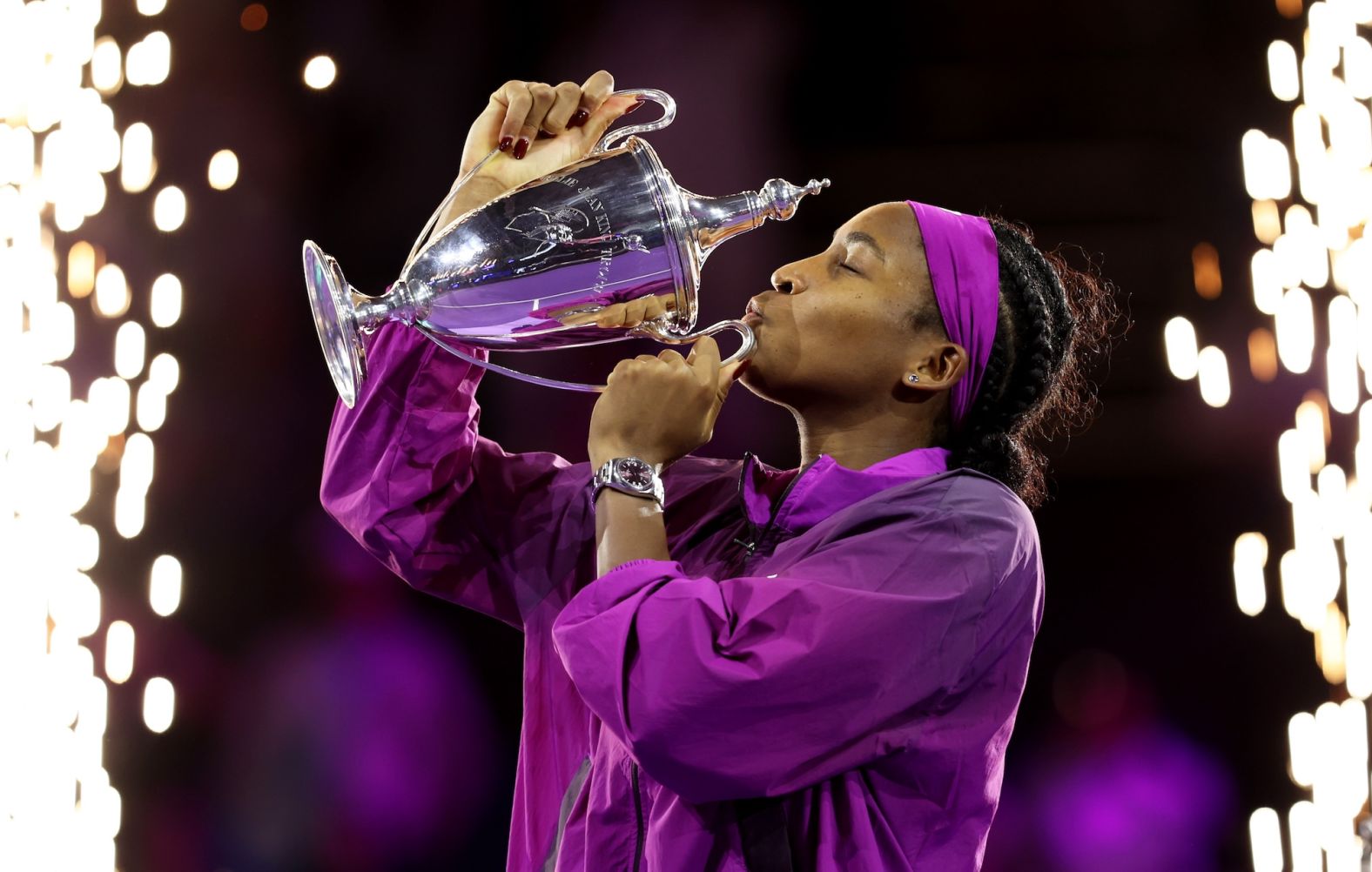 American tennis sensation Coco Gauff kisses the Billie Jean King Trophy after <a href="index.php?page=&url=https%3A%2F%2Fwww.cnn.com%2F2024%2F11%2F09%2Fsport%2Fcoco-gauff-wta-finals-zheng-qinwen-spt-intl%2Findex.html">winning the WTA Finals</a> in Riyadh, Saudi Arabia, on Saturday, November 9. Gauff, 20, is the youngest player since 2004 to win the prestigious tournament, which is reserved for the best players in the world.