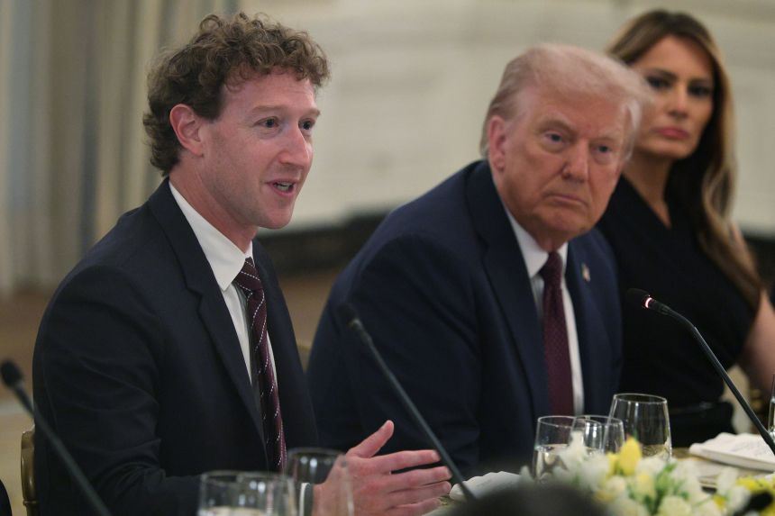 Meta CEO Mark Zuckerberg speaks as President Trump and First Lady Melania Trump listen during a White House dinner in September.