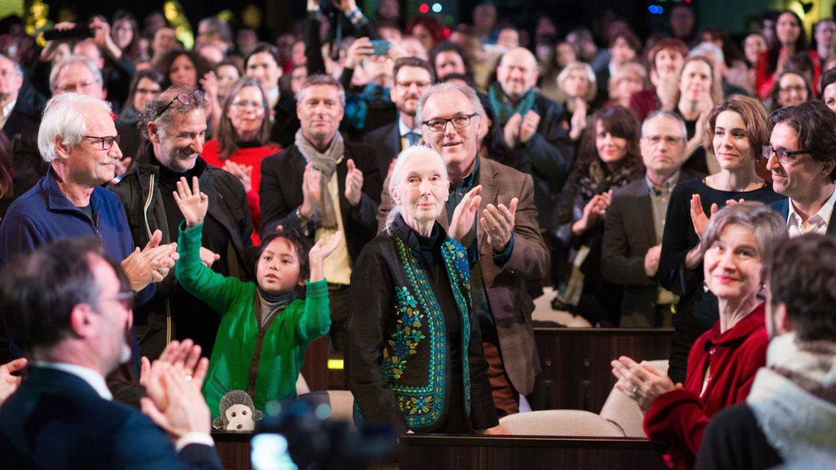 Goodall is recognized at UNESCO headquarters during her visit to Paris in 2018.