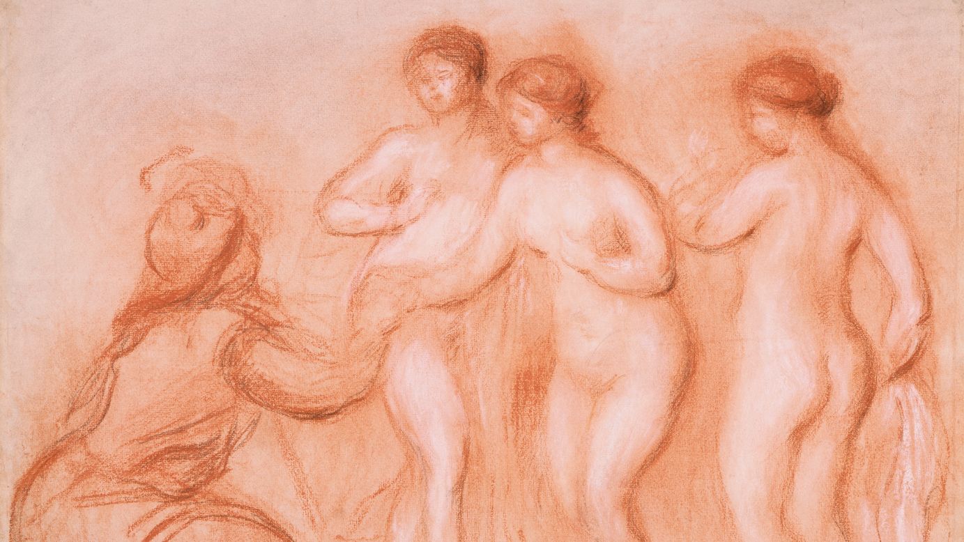 A study for “The Judgment of Paris” ca. 1908 in black, red, and white chalk.