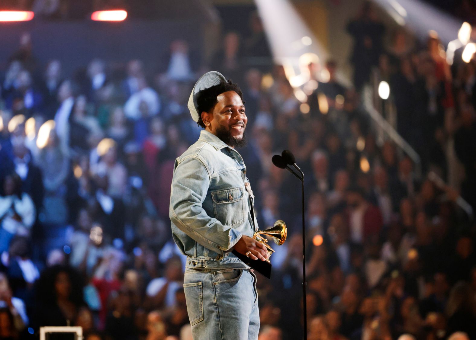 Kendrick Lamar accepts the Grammy for record of the year ("Not Like Us"). He talked about <a href="https://www.cnn.com/entertainment/live-news/the-grammys-award-show-02-2-25#cm6oirrxb00003b6n7td4gmpp">growing up in Los Angeles and the influence it had on him</a>. “I can’t give enough thanks to these places that I rolled around since high school," he said. Later in the show, "Not Like Us" also won song of the year.