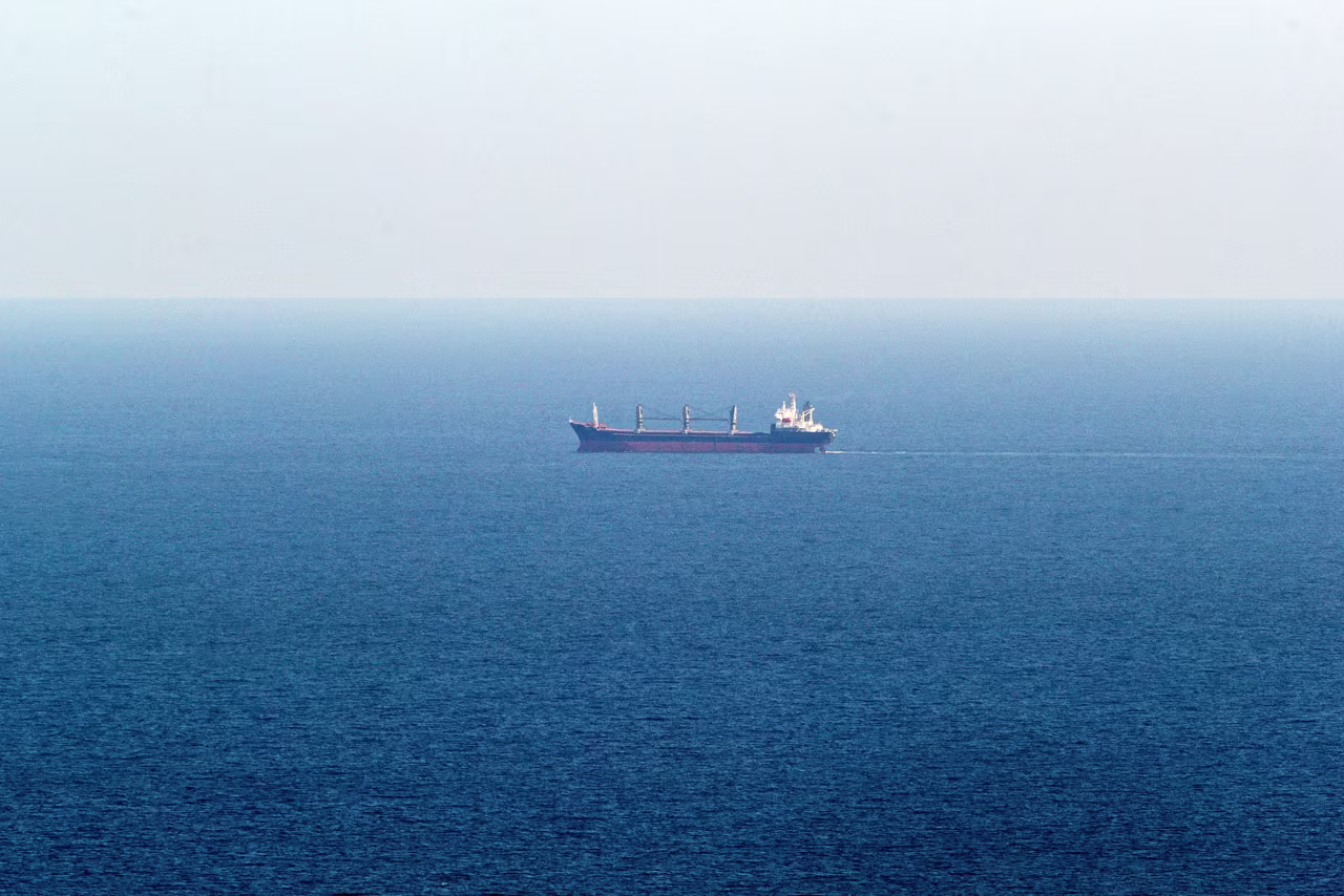 A bulk carrier ship sails towards the Black Sea port of Chornomorsk using a temporary corridor, established by the Ukrainian Navy, through the Black Sea on September 16.