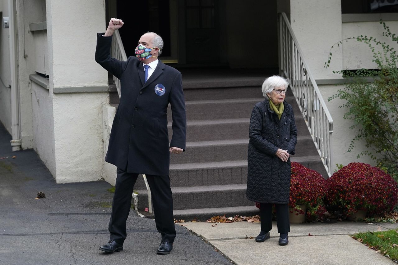 Sen. Bob Casey gestures while standing with his mother, Ellen Harding Casey, in Scranton, Pennsylvania, on Tuesday, November 3. 