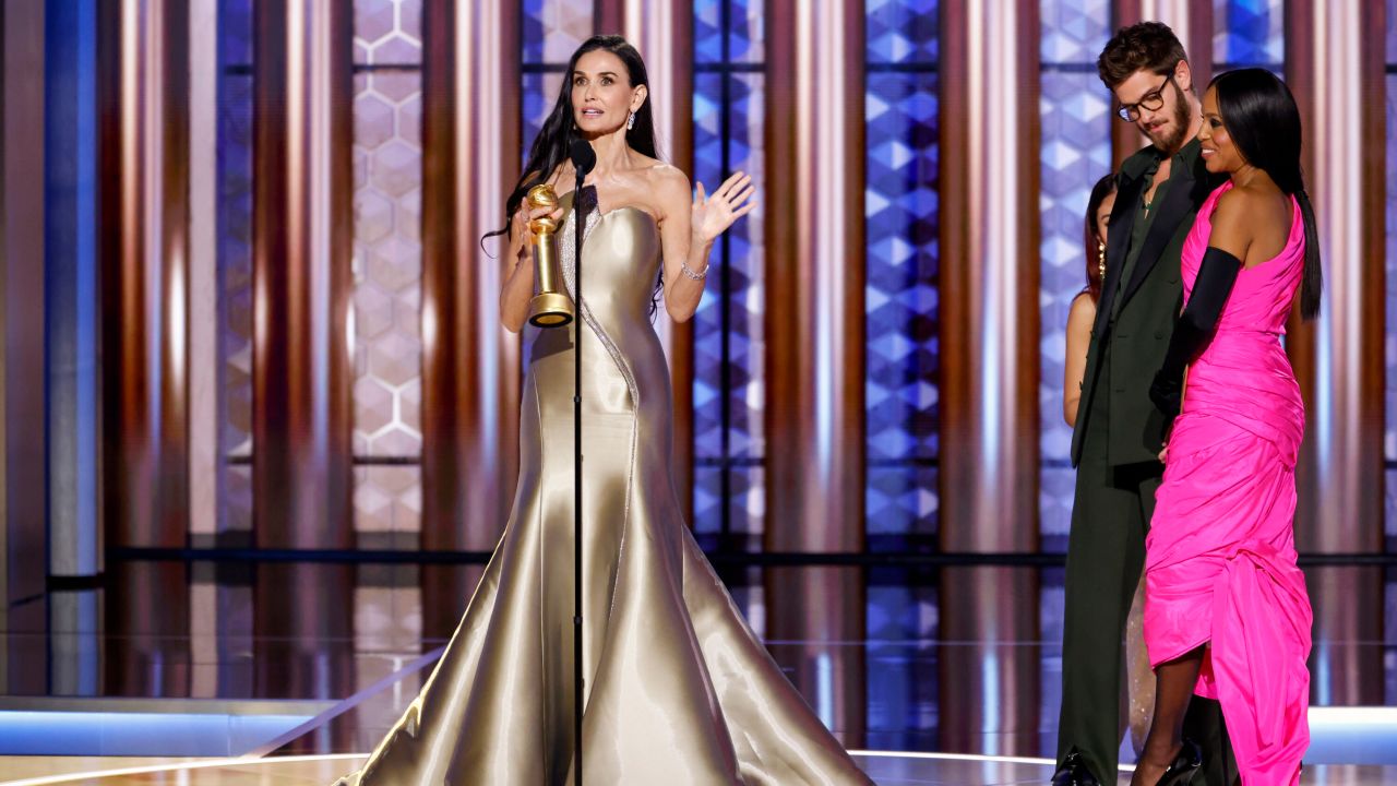 Demi Moore accepts the award for Female Actor - Motion Picture - Musical or Comedy at the 82nd Annual Golden Globe Awards, airing live from the Beverly Hilton in Beverly Hills, California on Sunday, January 5, 2025, at 8 PM ET/5 PM PT, on CBS and streaming on Paramount+.