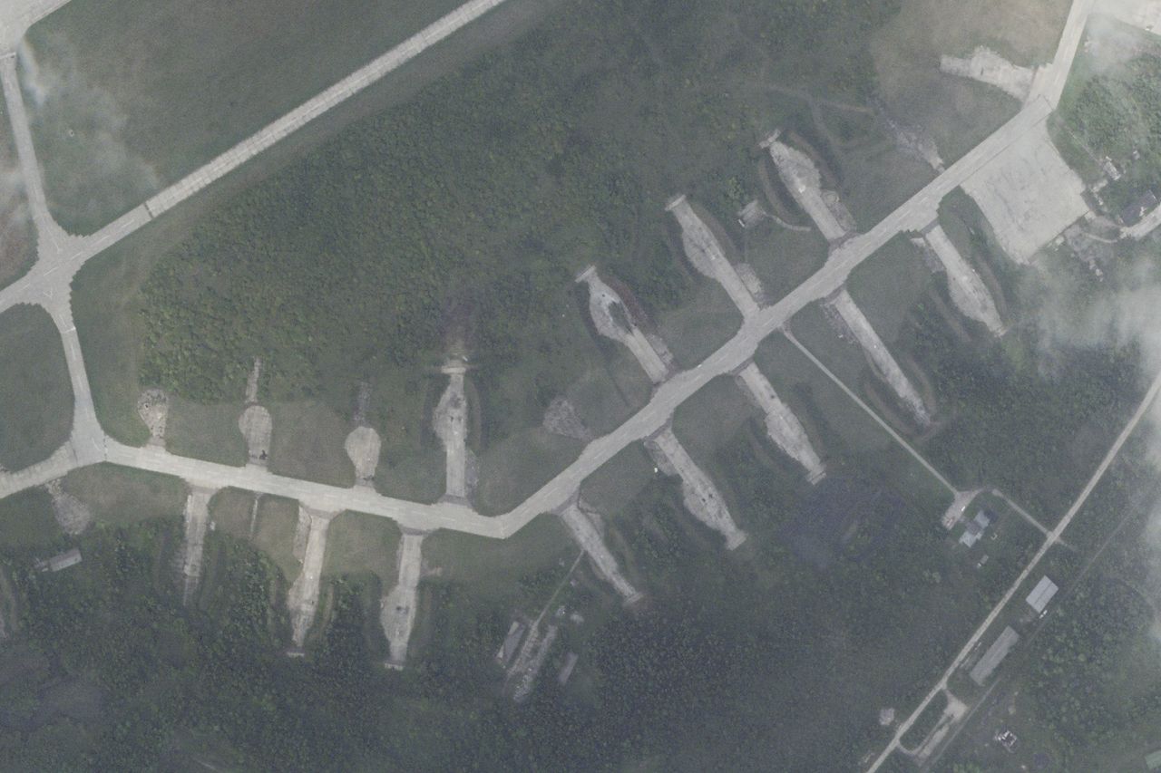 In this satellite photo from Planet Labs PBC, the apron of the Soltsy air base in the Novgorod region of northwestern Russia sits empty on August 21.