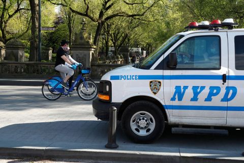 NYPD patrols Central park to assure people keep to social distancing rules during the coronavirus pandemic on May 2 in New York City. 