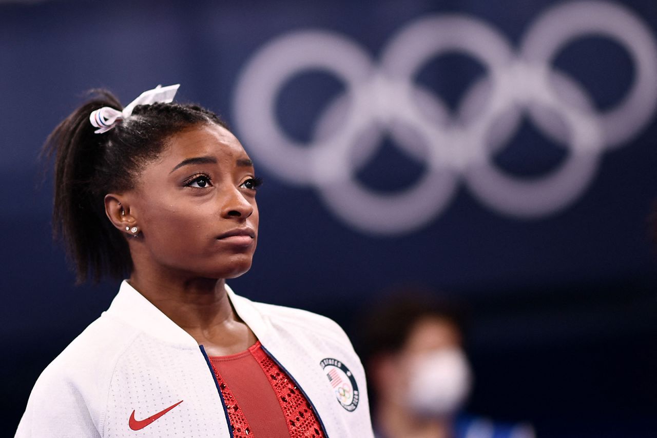 USA's Simone Biles watches the artistic gymnastics women's team final on July 27. 