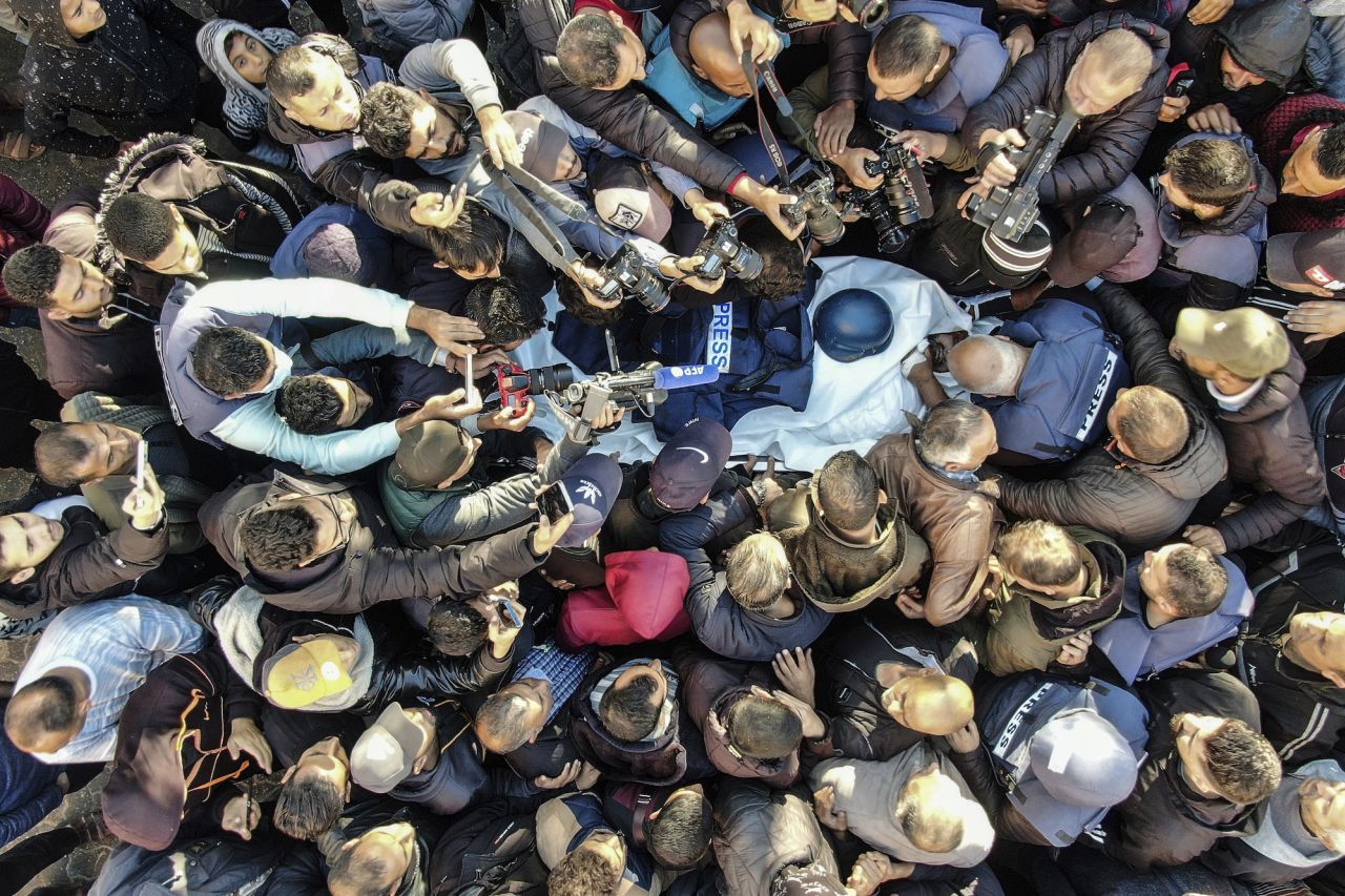 Palestinians mourn Al Jazeera cameraman Samer Abu Daqqa during his funeral in Khan Younis on Saturday.