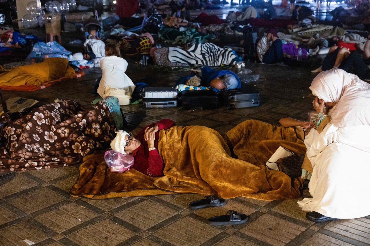 Residents stay out at a square following an earthquake in Marrakesh, Morocco, on September 9.