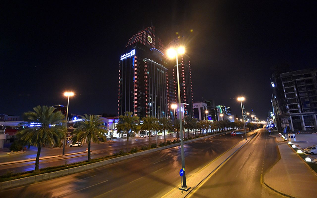 The empty King Fahd road in the Saudi capital Riyadh on Monday, March 23, after authorities imposed a curfew.  