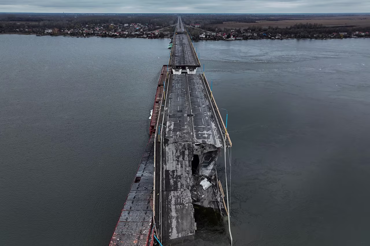 Damage seen to the Antonivsky Bridge in Kherson, Ukraine, Sunday, November 2. The bridge, the main crossing point over the Dnipro river in Kherson, was destroyed by Russian troops in earlier November, after Kremlin's forces withdrew from the southern city. 