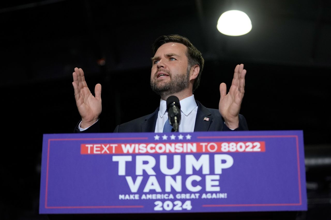 Republican vice presidential nominee Sen. JD Vance, speaks at a campaign event  in Eau Claire, Wisconsin, on September 17.