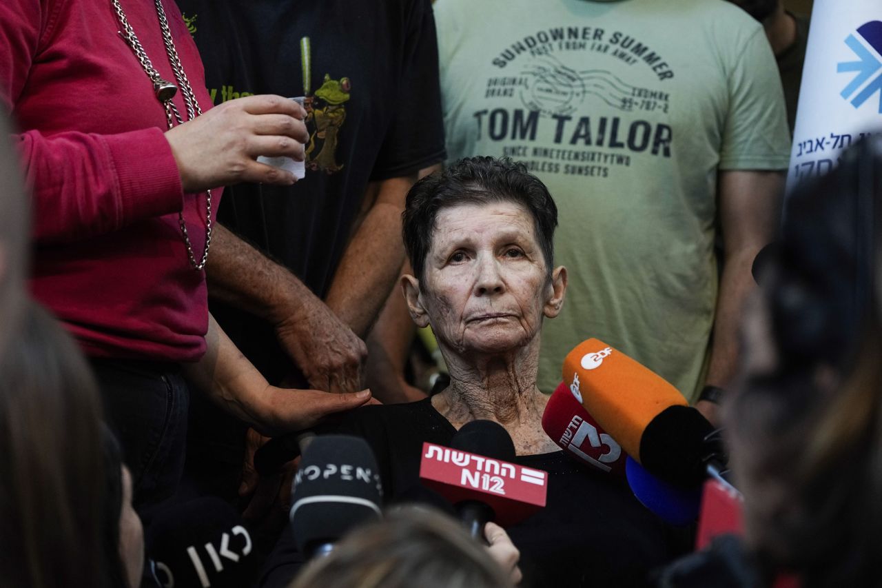 Yocheved Lifshitz speaks to members of the press a day after being released by Hamas militants, at Ichilov Hospital in Tel Aviv, Israel, on Tuesday, October 24. 