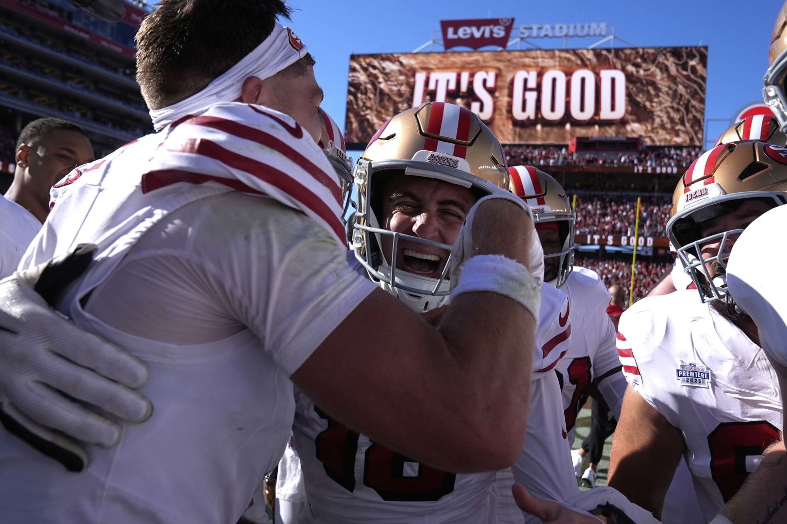 San Francisco 49ers kicker Eddy Piñeiro, center, celebrates his game-winning field goal against Arizona on Sunday, September 21.
