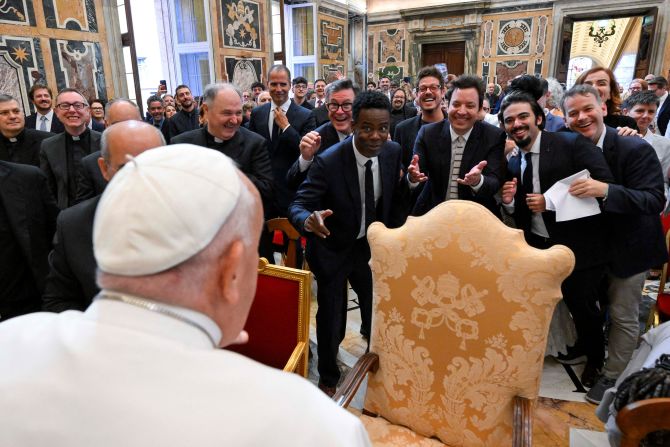 Pope Francis meets with Chris Rock, Jimmy Fallon and other comedians during a cultural event at the Vatican on Friday, June 14. “You unite people, because laughter is contagious,” <a href=