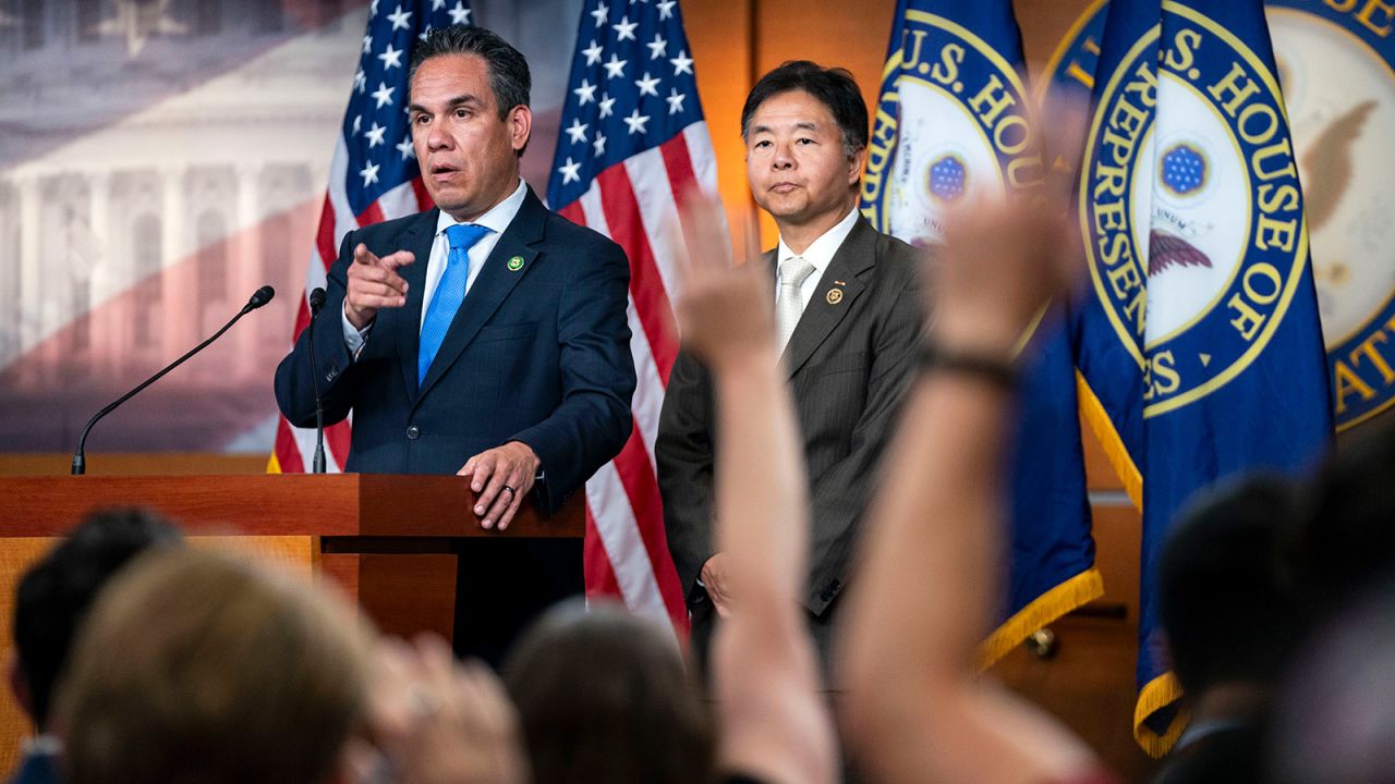 House Democratic Caucus Chairman Rep. Pete Aguilar and Vice Chair of the Democratic Caucus Rep. Ted Lieu answer questions during a press conference following their weekly caucus meeting at the U.S. Capitol on July 9.