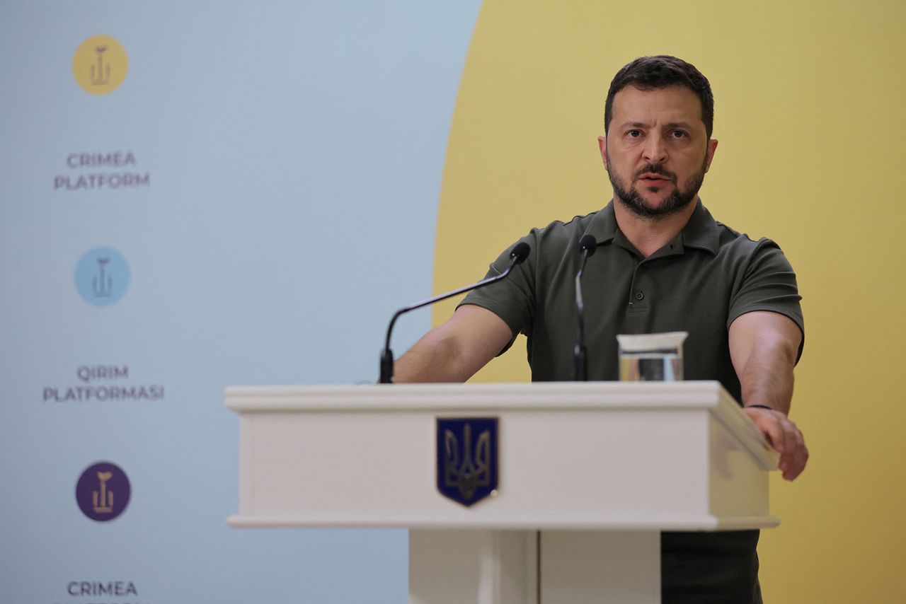 Volodymyr Zelensky speaks during a press conference in Kyiv, Ukraine, on August 23.