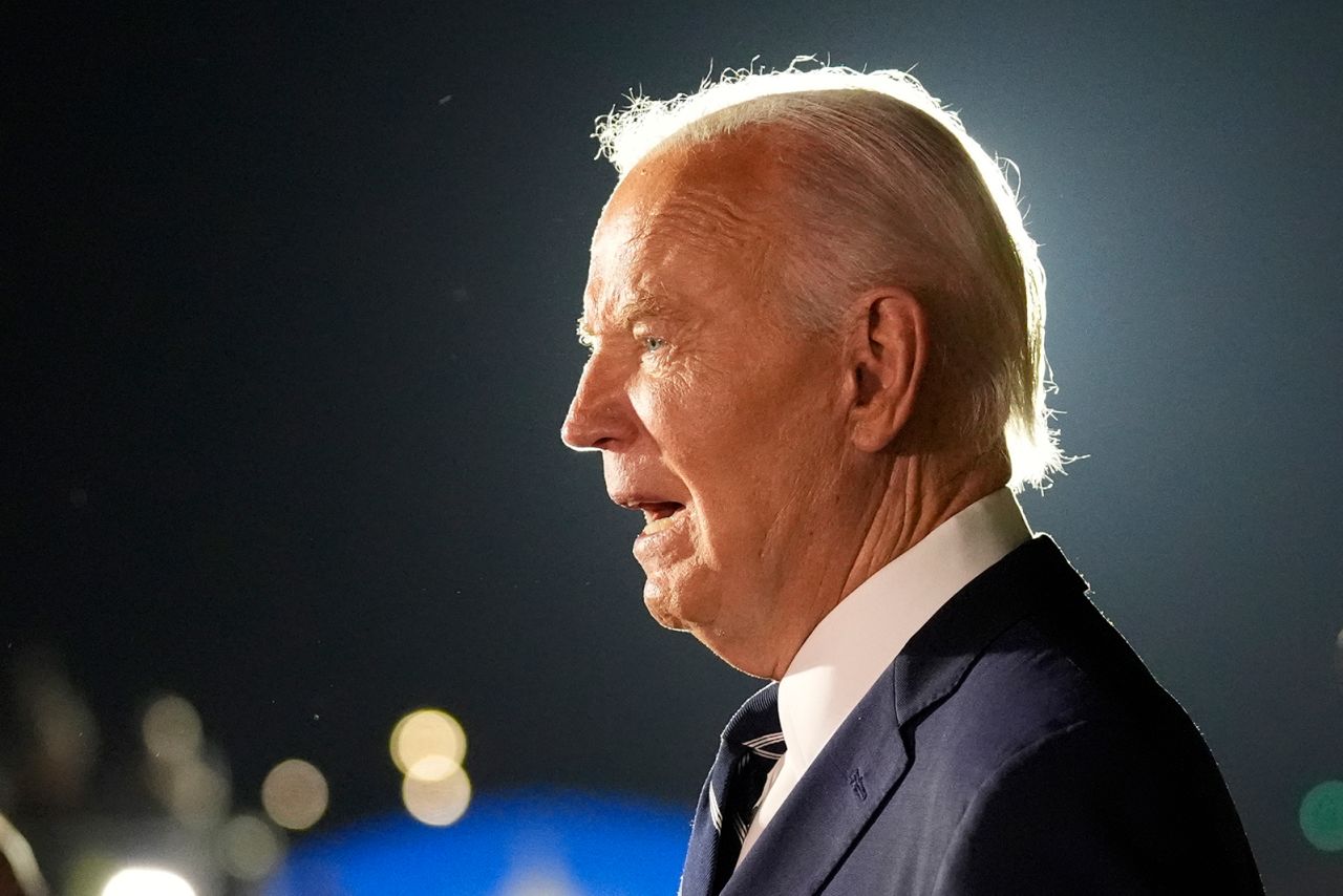 President Joe Biden speaks after greeting reporter Evan Gershkovich, Alsu Kurmasheva and Paul Whelan at Joint Base Andrews on Thursday.