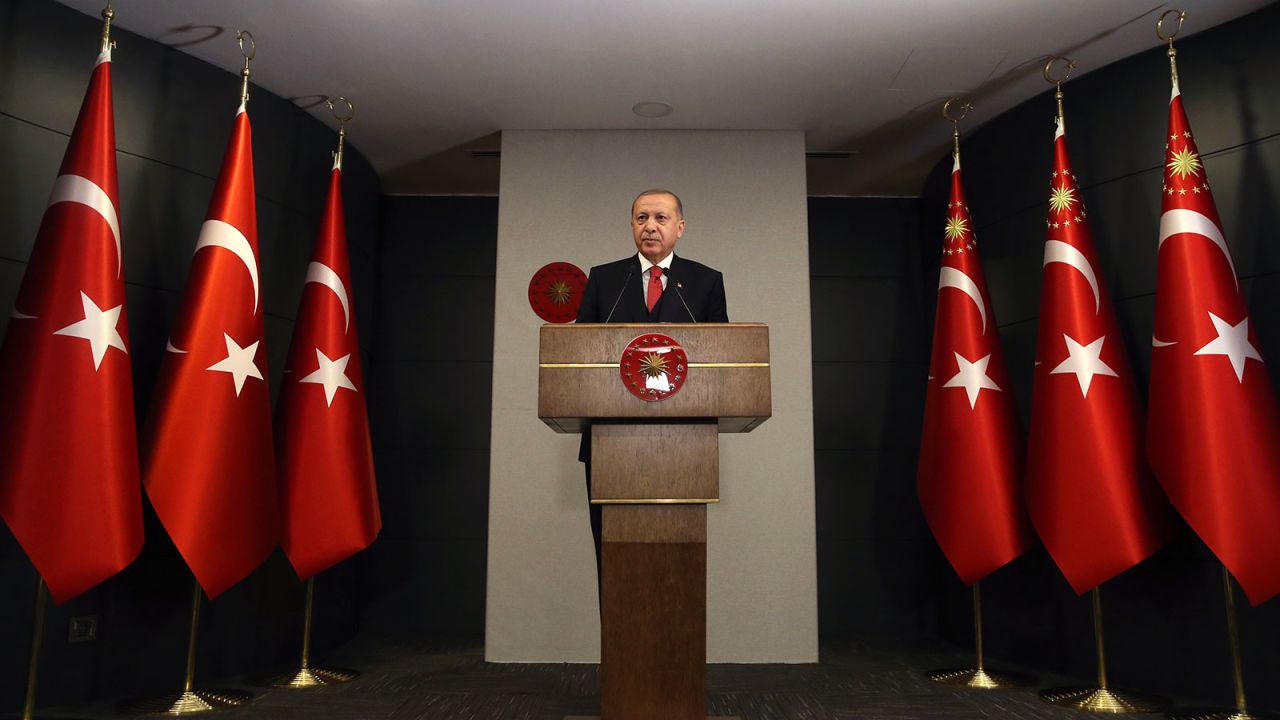 Turkish President Recep Tayyip Erdogan speaks during a news conference after a cabinet meeting via videoconferencing in Istanbul, Turkey on April 20.