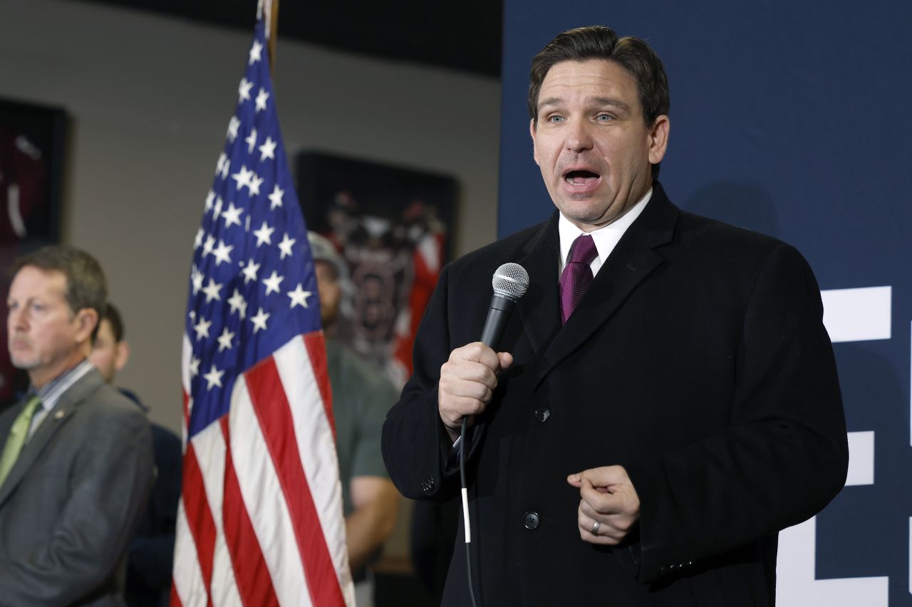 Republican presidential candidate Florida Governor Ron DeSantis speaks at a campaign stop at Pub 52 on January 15, in Sergeant Bluff, Iowa. 