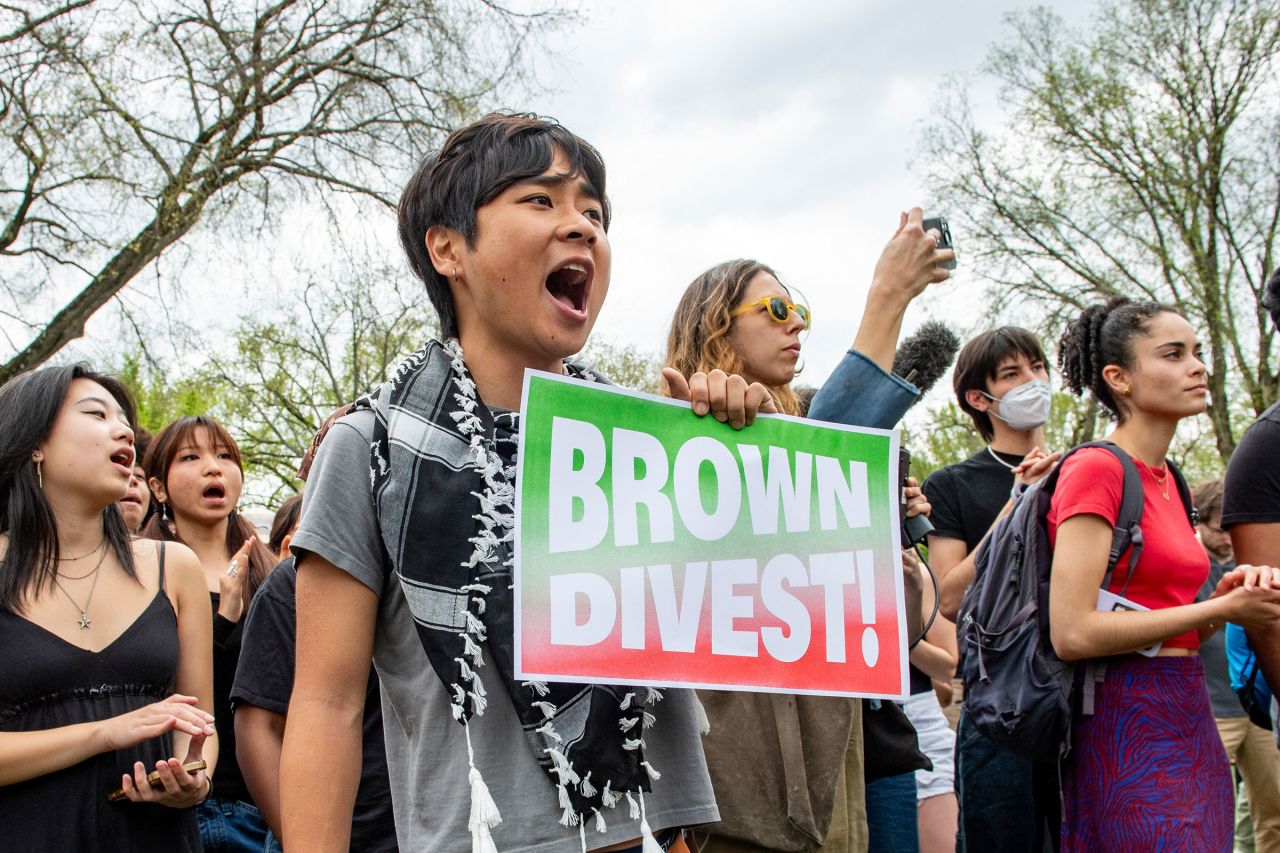 Pro-Palestinian student protesters and activists rally at an encampment on the campus of Brown University in Providence, Rhode Island, on April 29.