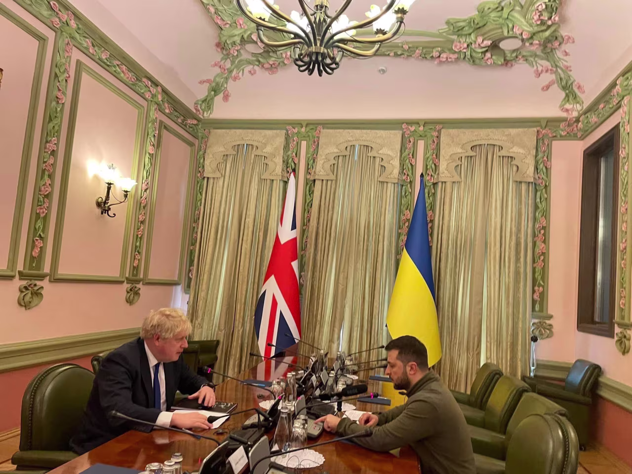 UK Prime Minister Boris Johnson meets with Ukrainian President Volodymyr Zelensky in this photo shared by the Embassy of Ukraine to the UK. 