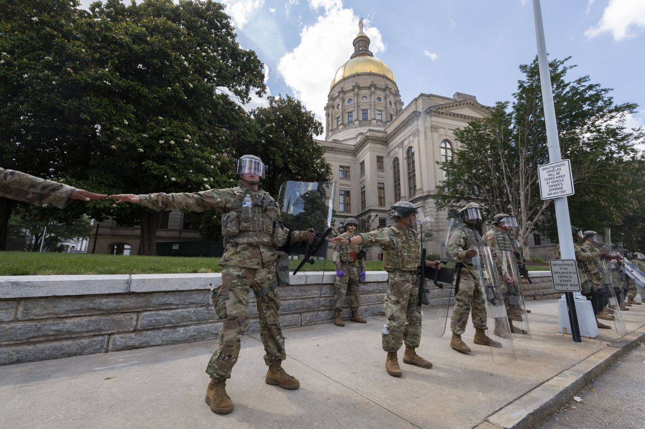 National Guard troops surround a portion of the State Capitol during protests in Atlanta on June 1.