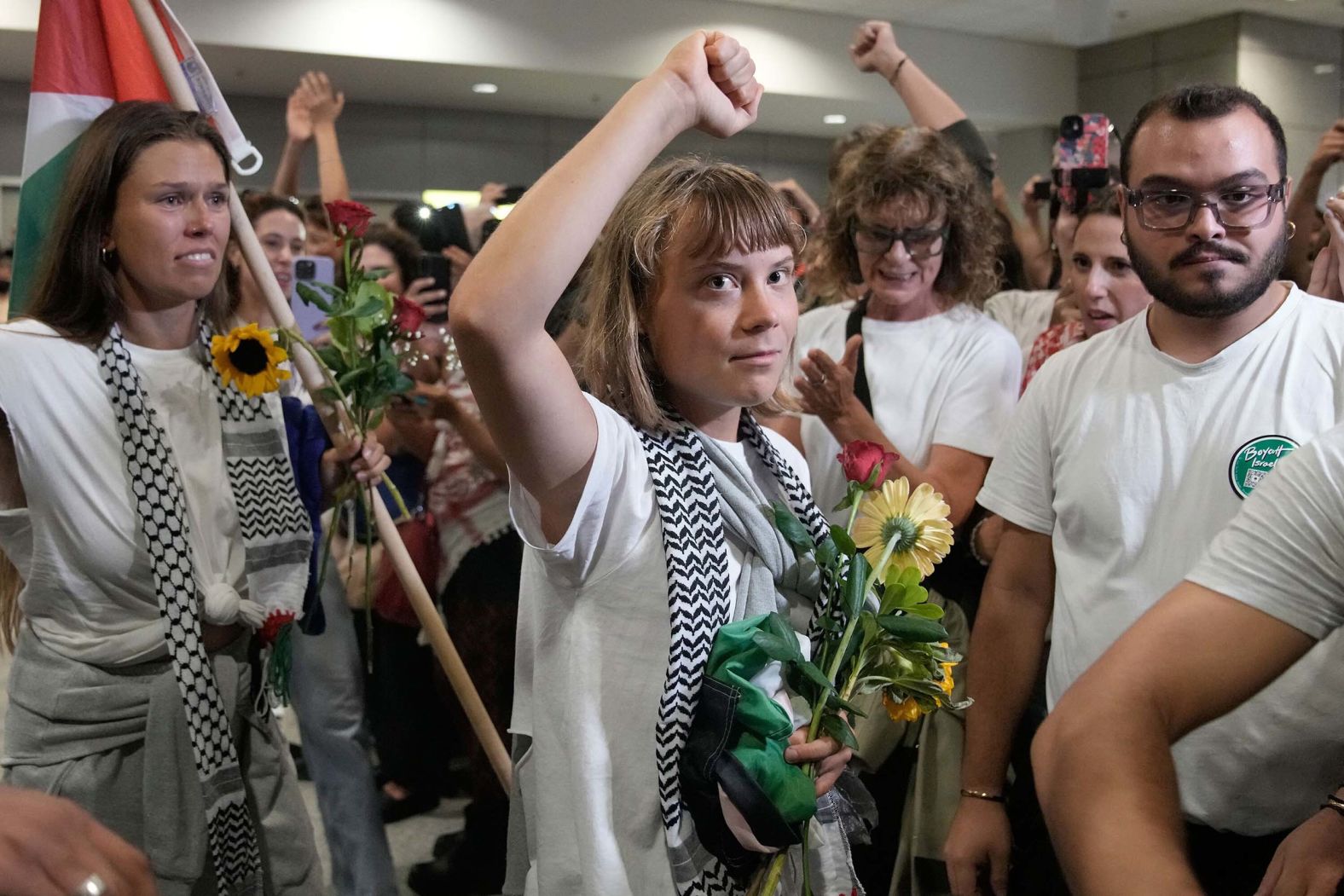 Climate activist Greta Thunberg arrives at the Eleftherios Venizelos International Airport in Athens, Greece, on Monday, October 6, after being deported from Israel for <a href="index.php?page=&url=https%3A%2F%2Fwww.cnn.com%2F2025%2F10%2F01%2Fmiddleeast%2Fisrael-gaza-flotilla-explainer-scli-intl">taking part in a Gaza-bound aid flotilla</a>.