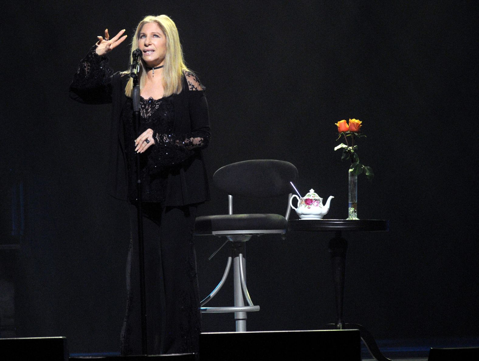 Streisand performs on stage in Tampa, Florida, during the "Barbra: The Music... The Mem'ries... The Magic!" tour in 2016.