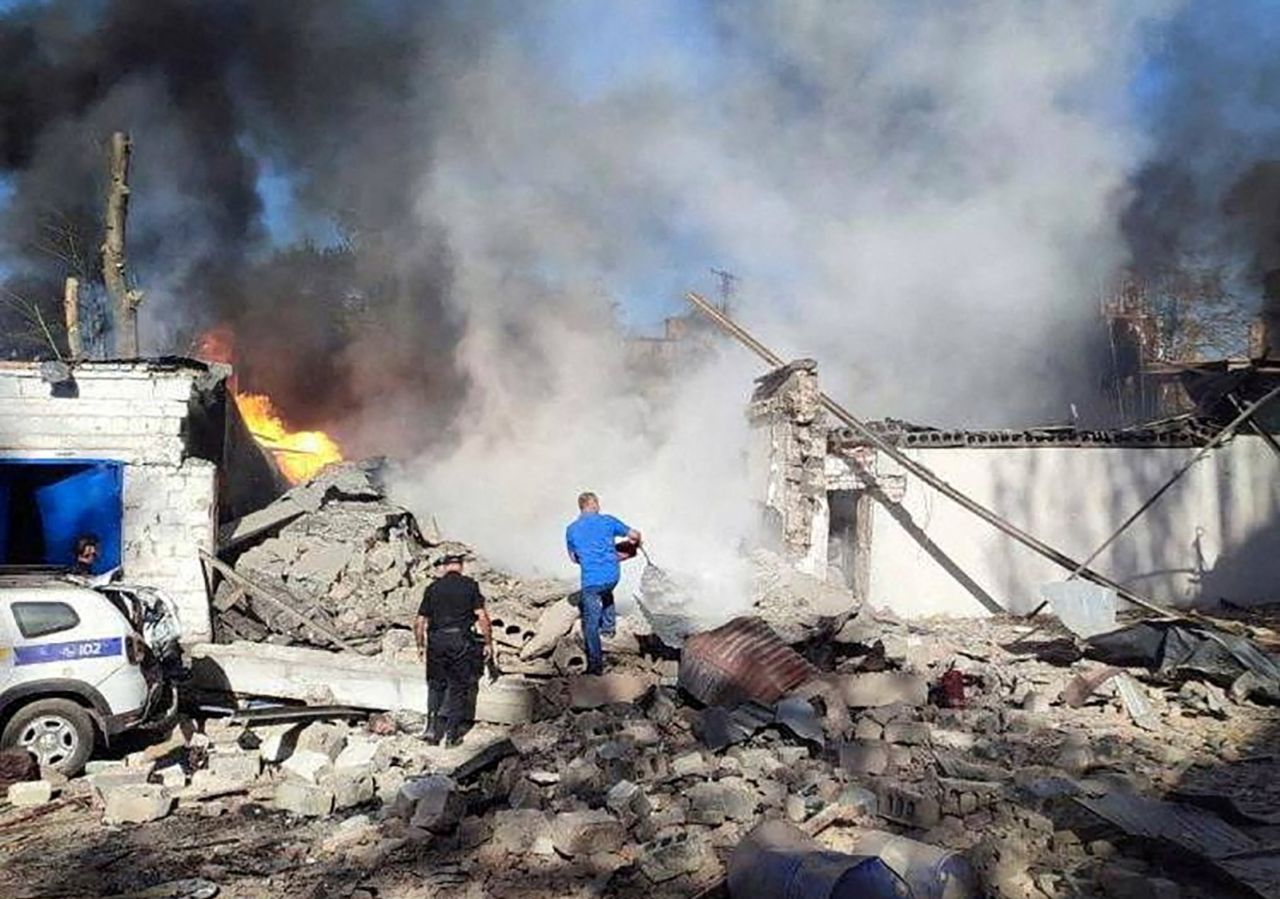 Burning buildings are seen at a site of a Russian missile strike in Kryvyi Rih, Dnipropetrovsk region, Ukraine, on September 8.