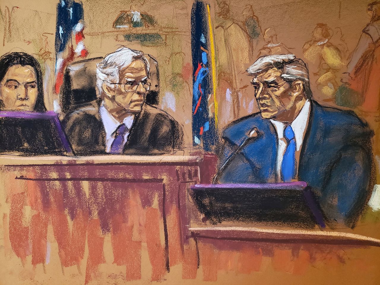 In this sketch, former President Donald Trump, right, is questioned by Judge Arthur Engoron after appearing to reference a court clerk in comments made outside the courtroom earlier Wednesday, in violation of a gag order. 