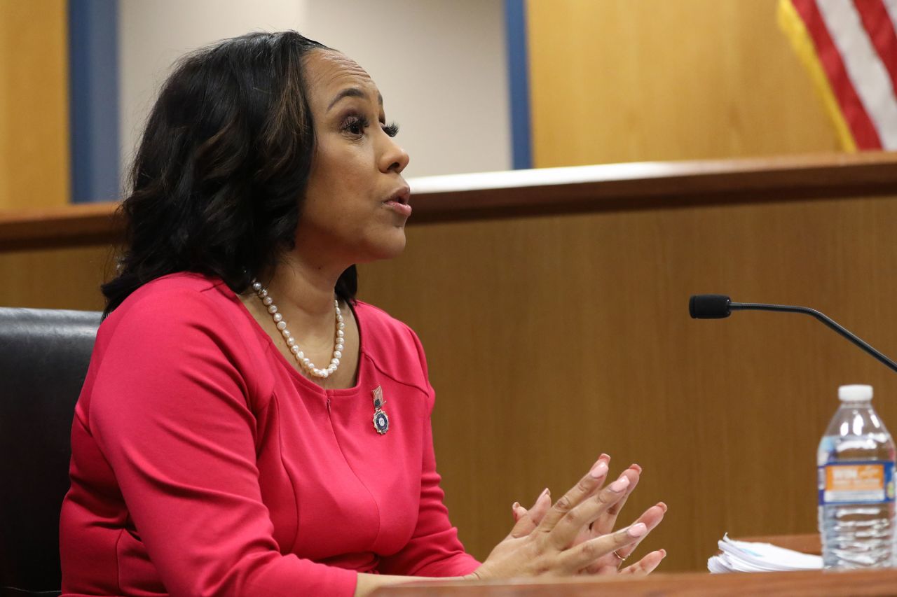 Fulton County District Attorney Fani Willis testifies during a hearing at the Fulton County Courthouse yesterday in Atlanta. 