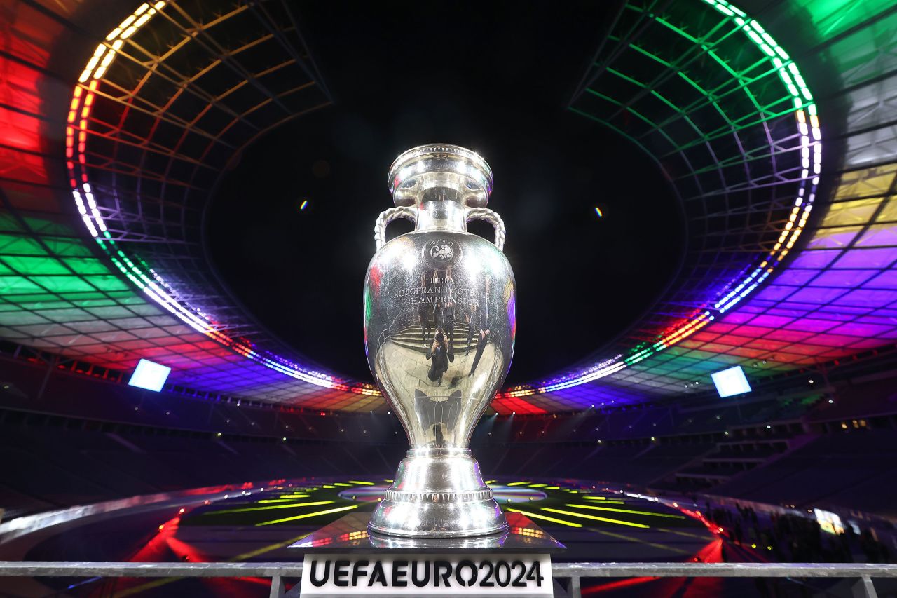 The UEFA Euro 2024 trophy is pictured in Berlin in 2021.