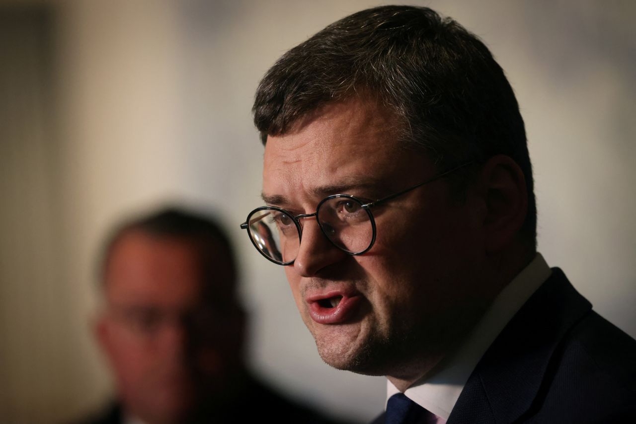 Ukraine's Foreign Minister?Dmytro?Kuleba?speaks to media after a United Nations General Assembly meeting in New York, New York on February 23.
