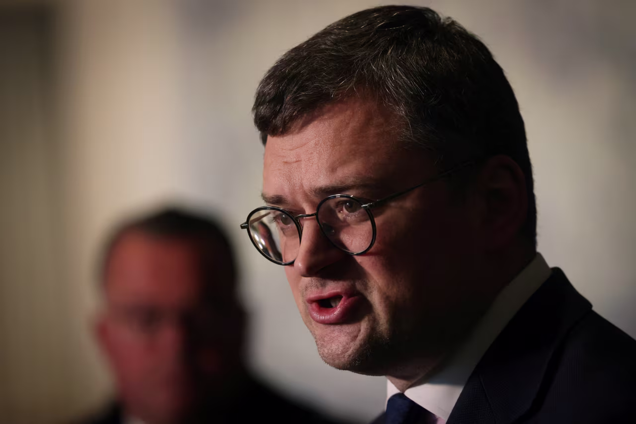 Ukraine's Foreign Minister Dmytro Kuleba speaks to media after a United Nations General Assembly meeting in New York, New York on February 23.